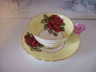 Rare Double Warrant Paragon Red Cabbage Rose Flower Handle Cup & Saucer