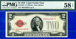 Rare Fr - 1501 1928 $2 Us Note ( (star))  Pmg About - Unc 58epq 00410387a.