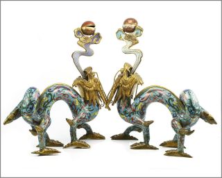 Rare Pair Antique Qing Dynasty Chinese Cloisonné Enamel Dragons Incense Burners