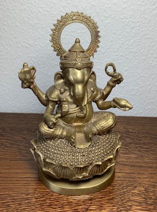 Vintage Indian Heavy Brass Ganesh God Of War Elephant Model Figure 16cm No.  3