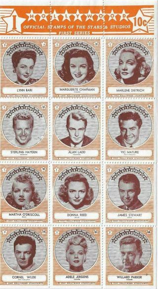 Rare 12 Hollywood Sticker Stamp Full Sheet 1947 Series I Alan Ladd More
