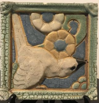 Grueby Pottery Rare White Parrot Tile Arts & Crafts Boston 6”