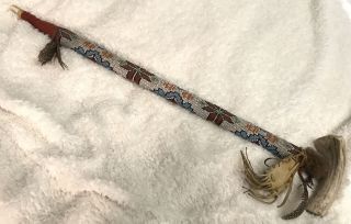 Large 27” RARE Handmade Beaded Peace Pipe Native American Medicine Bag Feathers 2