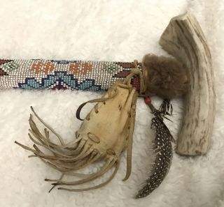 Large 27” RARE Handmade Beaded Peace Pipe Native American Medicine Bag Feathers 4