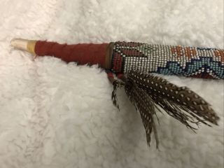 Large 27” RARE Handmade Beaded Peace Pipe Native American Medicine Bag Feathers 6