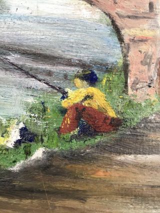 Vtg 1960 ' s Naive Oil On Board Painting Depicting A Man Fishing Signed A Danks 2