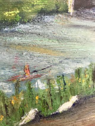 Vtg 1960 ' s Naive Oil On Board Painting Depicting A Man Fishing Signed A Danks 3