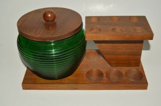 Vintage Wooden 6 Estate Pipe Holder Stand W/ Green Glass Tobacco Bowl Rare