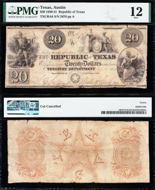 Rare Fine 1840 $20 Republic Of Texas Obsolete Note Pmg 12 2676
