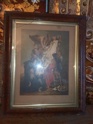Antique Victorian 1800s George Baxter Print Framed Christ On The Cross