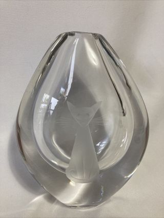 Rare ORREFORS 3684 Sven Palmqvist Signed Heavy Clear Glass Cat Etched Vase 1967 2