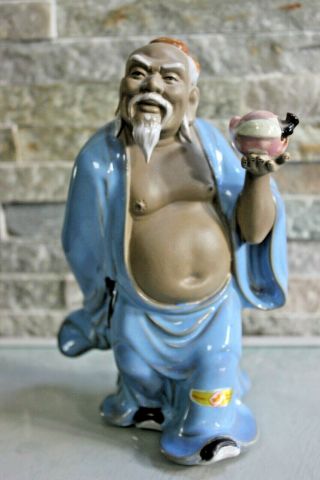 Vintage Chinese Shiwan Pottery Clay Mudman Sculpture Figurine Statue Man Peach