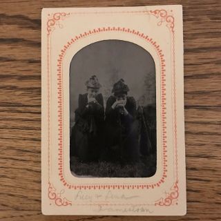 Antique Victorian Tintype Photo Two Women Trying Not To Laugh Portrait Jamestown