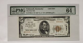 1929 $5 The First National Bank Of Falmouth Kentucky Ky Ch 11947 Pmg 64 Rare