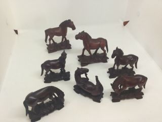 Seven Vintage 20th Century Chinese Hand Carved Wood Horses Of Wang Mu