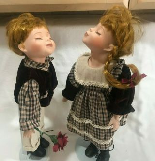 Vintage European With Stand Girl & Boy Dolls Hand Painted Porcelain