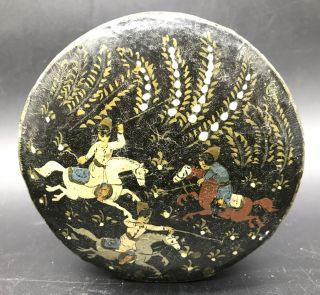 Antique Hand Painted Chinese Lacquer Paper Mache Leather Vanity Powder Box Jar