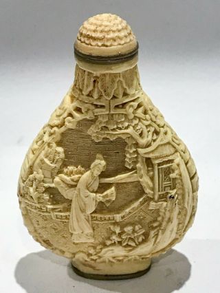 Antique Chinese Carved Bovine Bone Snuff Bottle With Chinese Characters On Base