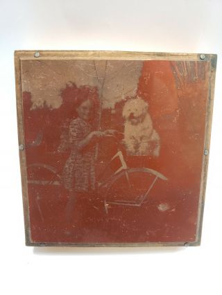 Letterpress Printing Press Wood Block Copper Plate Girl & Dog Bicycle 1950s Vtg