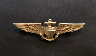 Rare Ww2 Usn Pilot Aviator Wings 2 1/8” Sterling Silver Gold Plated Pin