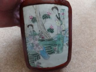 Rare Antique Chinese Lacquer Box With Painted Porcelain Inlay,  Good Condit