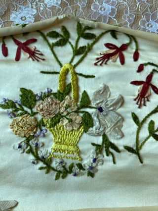 Antique/victorian Hand - Embroidered And Ribbon Work Satin Floral Panel