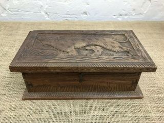 Vintage Hand Carved Eastern Indian Wooden Trinket Box With Tiger