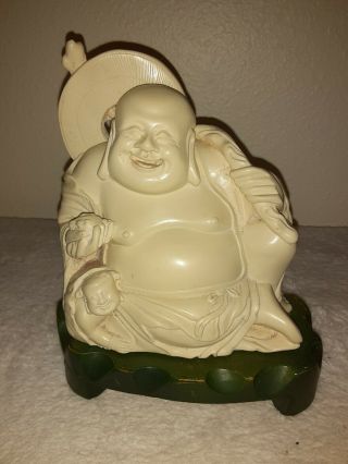 Antique Hand - Carved Happy " Buddha " With Baby On Wood Base Figure Statue