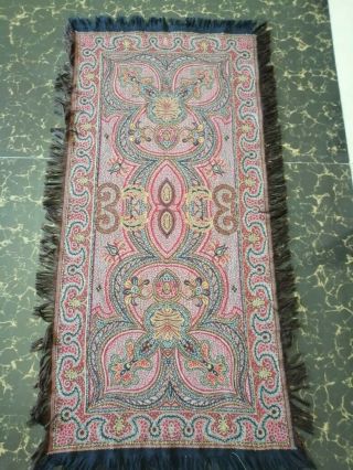 Antique French Paisley Kashmir Rectangle Piano Shawl Wool Size 36 " X17 Reversible