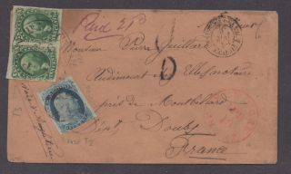 Us 19th Cent Cover,  Sc 15 (pair),  9 Pontiac,  Mi To France Via Ny,  1856,  Rare
