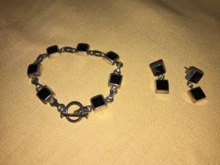 Rare Retired Silpada Black Onyx 925 Silver Toggle Bracelet Earrings Set