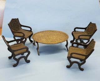 Vintage Dollhouse Miniature Solid Brass Oval Table And 4 Ornate Dining Chairs