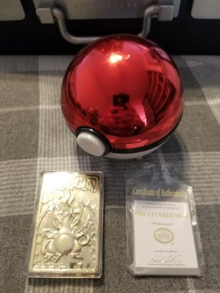 Pokemon 1999 Charizard Gold Metal Plated Trading Card Bk With Ball And Cert
