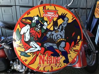 Rare Vintage Porcelain 1966 Conoco N - Tane Batman & Robin 30” Gas Sign Dc Comics