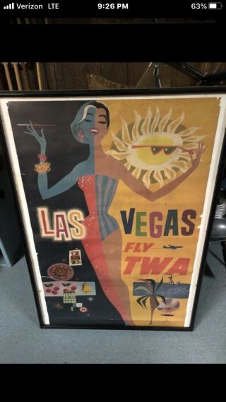 Vintage Las Vegas Fly Twa Poster By David Klein Trans World Airlines Rare
