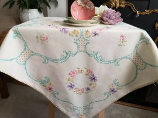 Vintage Hand Embroidered Tablecloth - Cross Stitch Florals