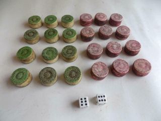 Art Deco Complete Set Of 24 Shagreen Draughts/checkers Blocks And Dices