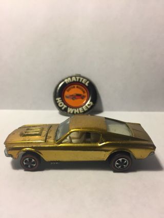 1968 Gold Redline Hot Wheels Custom Mustang,  Rare White Interior,  Badge.