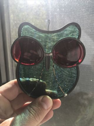 Vintage Leaded Stained Glass Owl Sun - Catcher Window Hanging Red/green