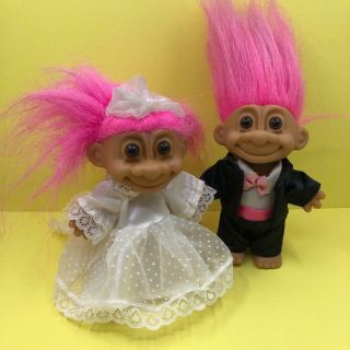 Vintage Russ Lucky Troll Wedding Day Bride Groom Set Pink Hair Toy Figure 1990s