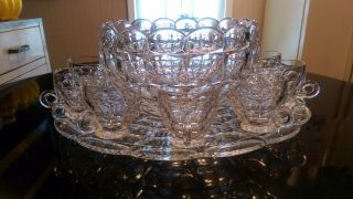 Rare Antique 12 Cup Punch Bowl On Platter With Footed Cups.  All