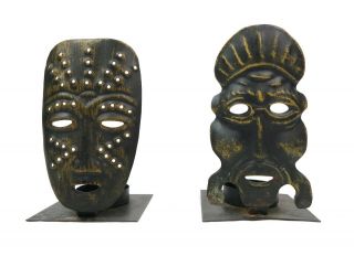 Rare Vintage Pierced Brass Figural African Mask Candle Holders