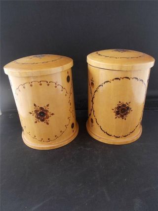 Pair 2 Vintage Pokerwork Wooden Tea Caddy Storage Jars Poker Work Wood Design