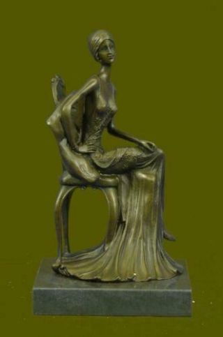 Rare Sculpture Signed Fisher Art Nouveau Deco Woman Figurine Decor Bronze Statue
