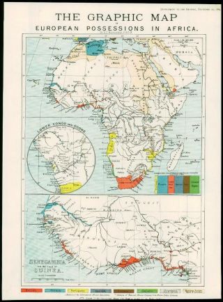 1884 Antique Print - Africa Map European Possessions Gambia Guinea (249)