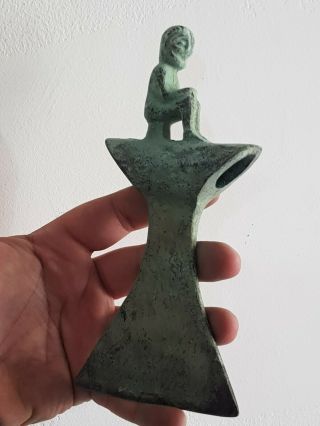 Rare Ancient Luristan Bronze Axe Head Man Seated Figure On Top.  575 Gr.  185 Mm