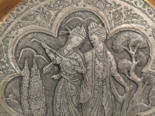 Rare Antique Qajar Qalamzani Silver Over Copper Persian Tray Plate Art Sculpture