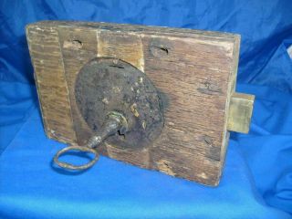 Antique Wood And Steel Door Lock With Key,  Full Of Character