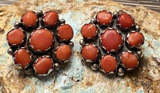 Rare Important Vintage Zuni Alice Quam Handmade Sterling Coral Cluster Earrings