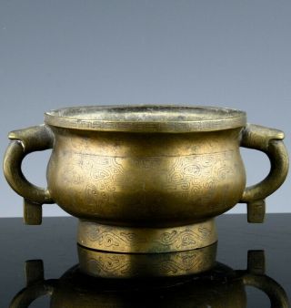 Rare 18/19thc Chinese Bronze Silver Inlaid Archaic Dragon Bronze Censer Bowl